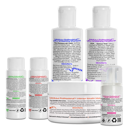 Brazilian Keratin Treatment kit including 50ml, 100ml, or 250ml keratin treatment, 250ml shampoo and conditioner, Intense Keratin Masque, and Liquid Velvet Serum for smooth, frizz-free hair.