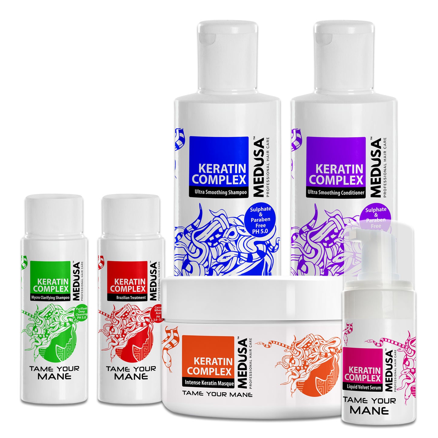 Brazilian Keratin Treatment kit including 50ml, 100ml, or 250ml keratin treatment, 250ml shampoo and conditioner, Intense Keratin Masque, and Liquid Velvet Serum for smooth, frizz-free hair.