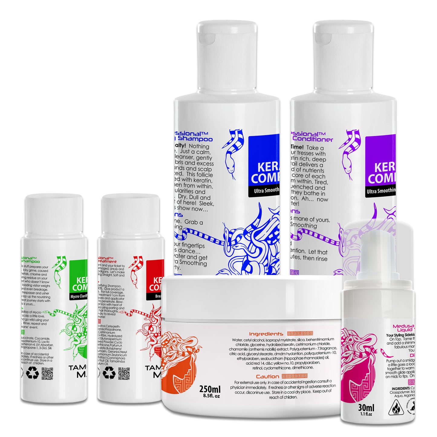 Brazilian Keratin Treatment kit including 50ml, 100ml, or 250ml keratin treatment, 250ml shampoo and conditioner, Intense Keratin Masque, and Liquid Velvet Serum for smooth, frizz-free hair.