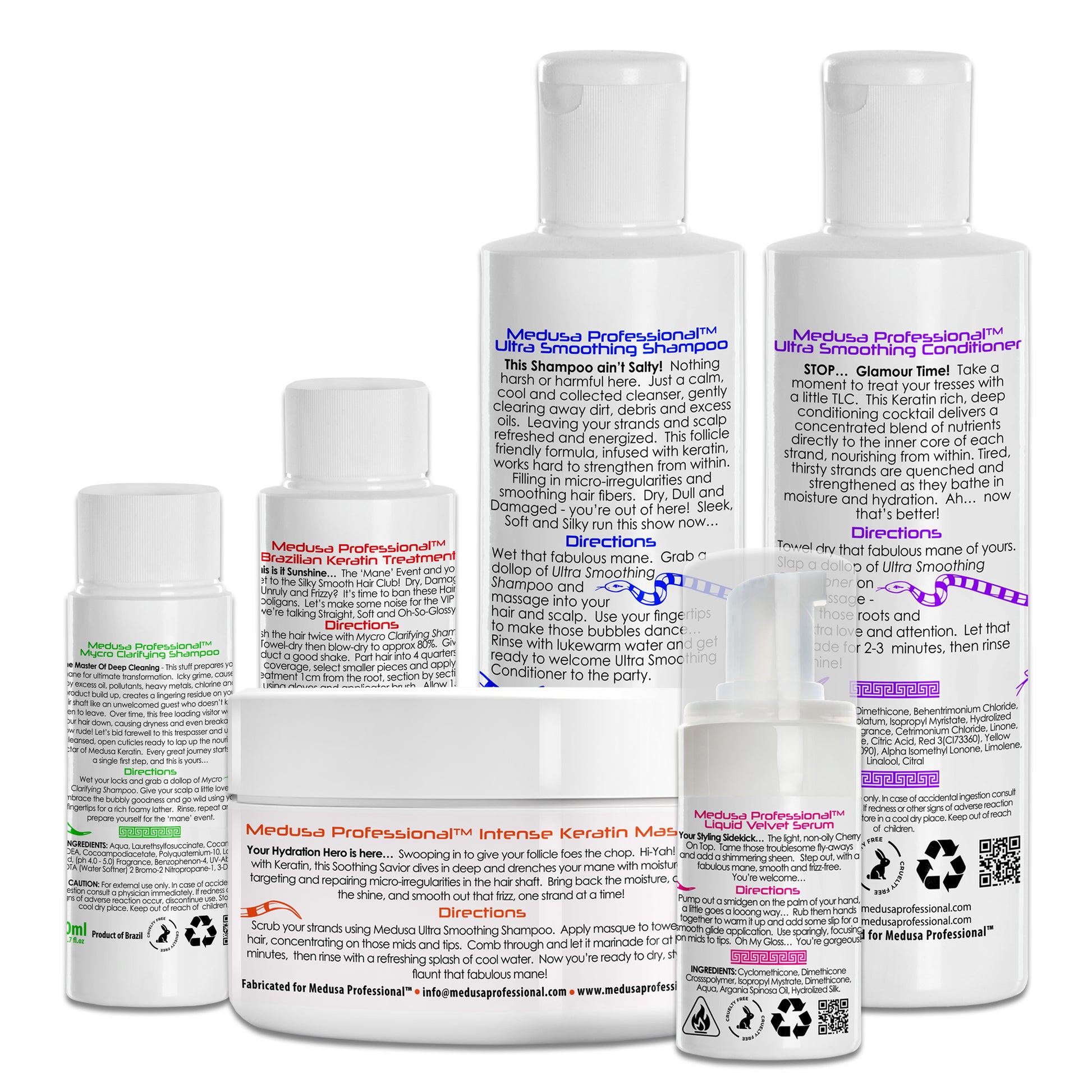 Brazilian Keratin Treatment kit including 50ml, 100ml, or 250ml keratin treatment, 250ml shampoo and conditioner, Intense Keratin Masque, and Liquid Velvet Serum for smooth, frizz-free hair.