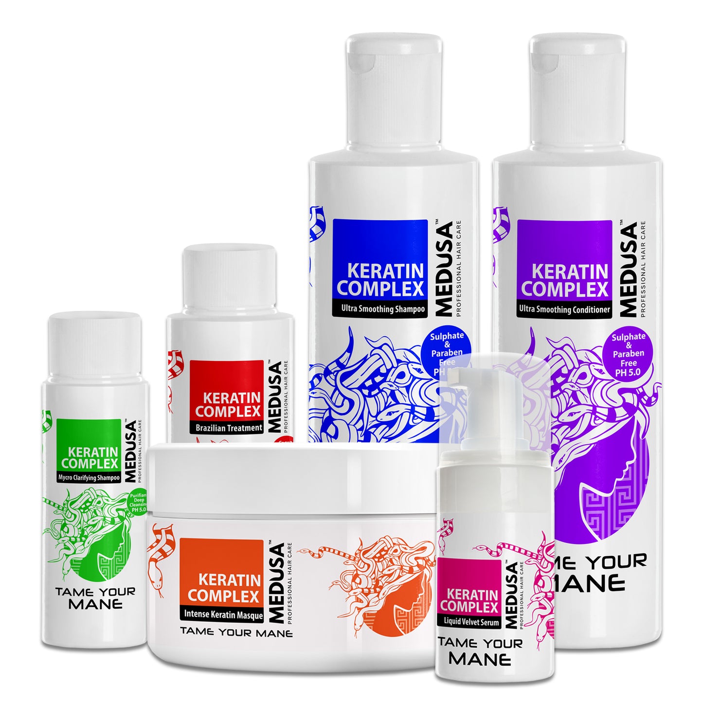 Brazilian Keratin Treatment kit including 50ml, 100ml, or 250ml keratin treatment, 250ml shampoo and conditioner, Intense Keratin Masque, and Liquid Velvet Serum for smooth, frizz-free hair.