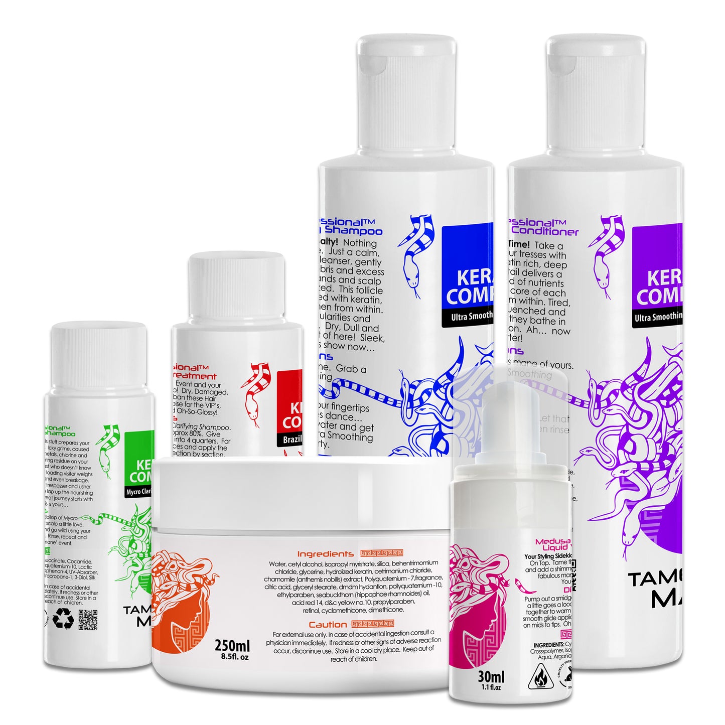 Brazilian Keratin Treatment kit including 50ml, 100ml, or 250ml keratin treatment, 250ml shampoo and conditioner, Intense Keratin Masque, and Liquid Velvet Serum for smooth, frizz-free hair.