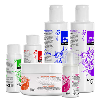 Brazilian Keratin Treatment kit including 50ml, 100ml, or 250ml keratin treatment, 250ml shampoo and conditioner, Intense Keratin Masque, and Liquid Velvet Serum for smooth, frizz-free hair.