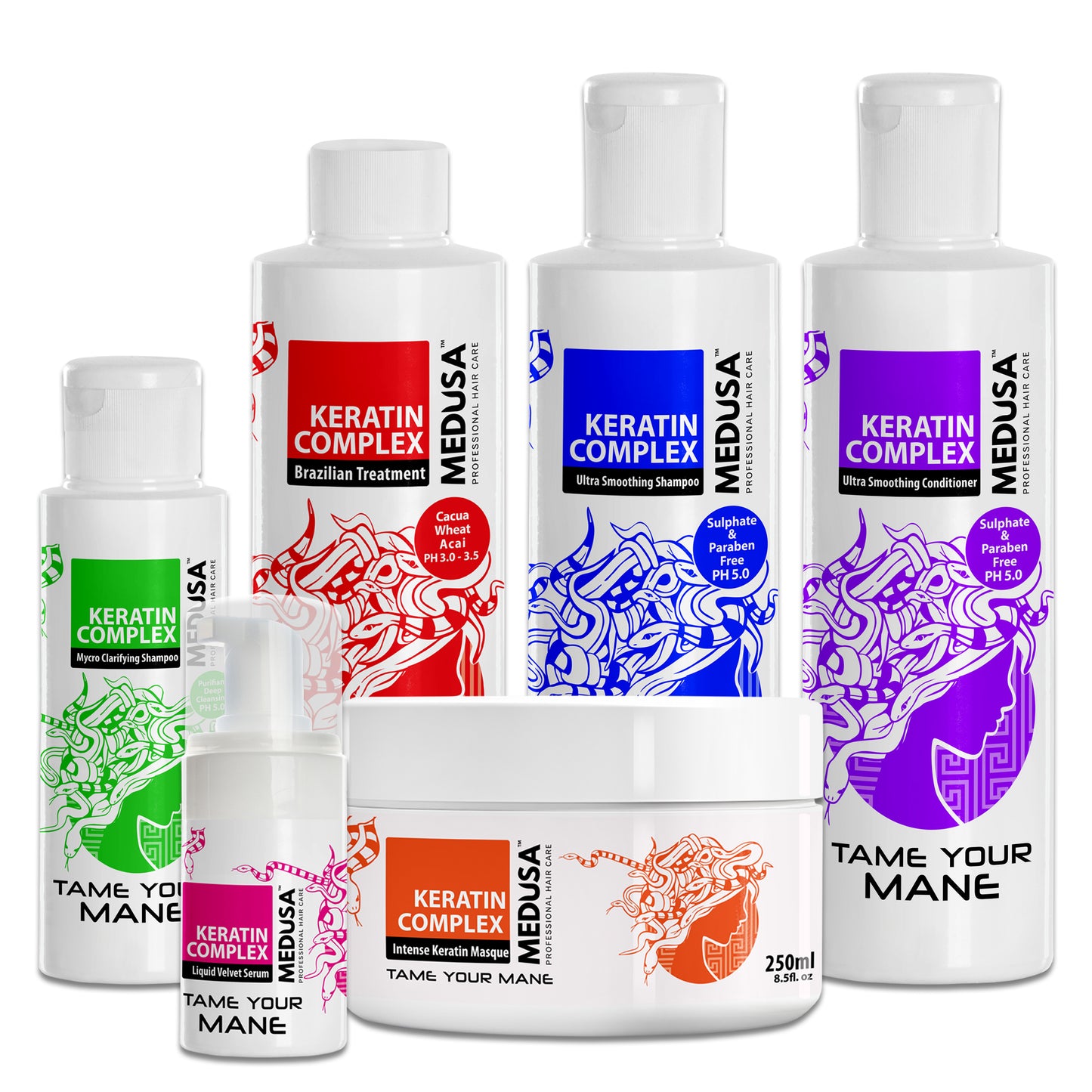 Brazilian Keratin Treatment kit including 50ml, 100ml, or 250ml keratin treatment, 250ml shampoo and conditioner, Intense Keratin Masque, and Liquid Velvet Serum for smooth, frizz-free hair.