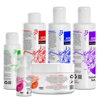 Brazilian Keratin Treatment kit including 50ml, 100ml, or 250ml keratin treatment, 250ml shampoo and conditioner, Intense Keratin Masque, and Liquid Velvet Serum for smooth, frizz-free hair.